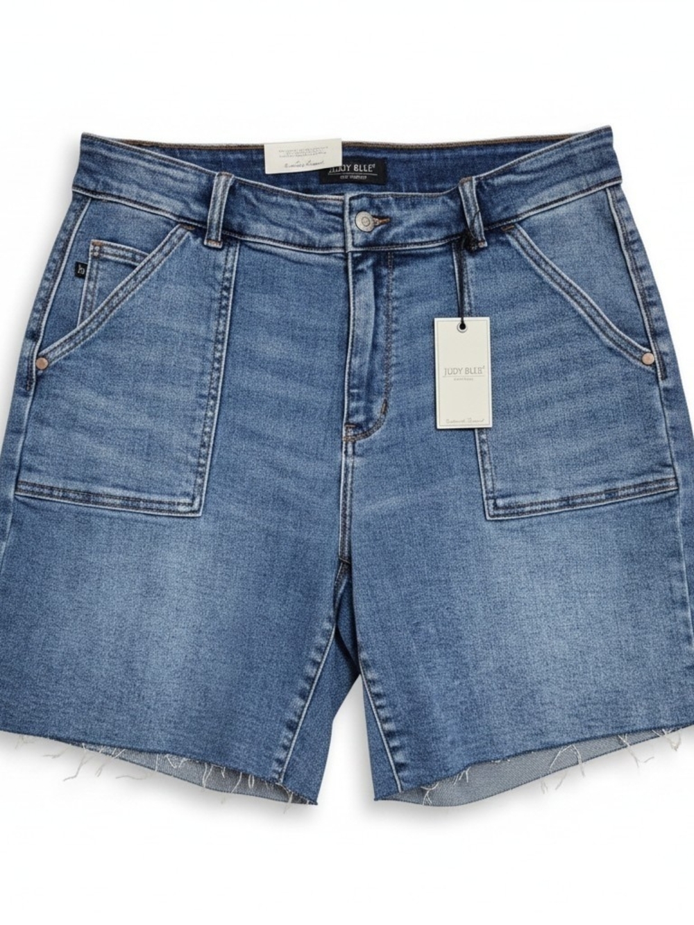 Judy Blue Light-Mid Blue High-Rise Denim Shorts with Patch Pockets
